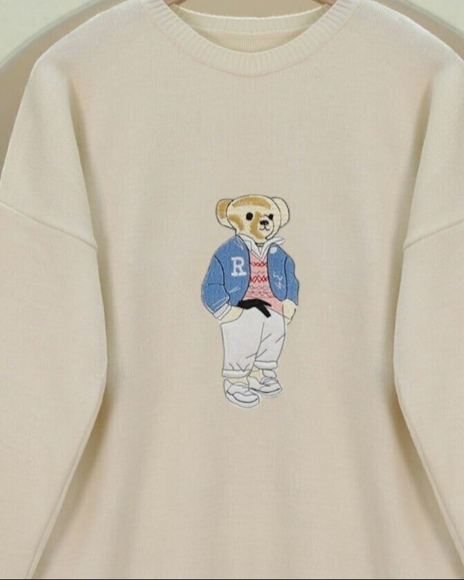Cream Teddy Bear Embroidered Long Back Knit Sweater - Podyumplus - by Peralane - photo 4
