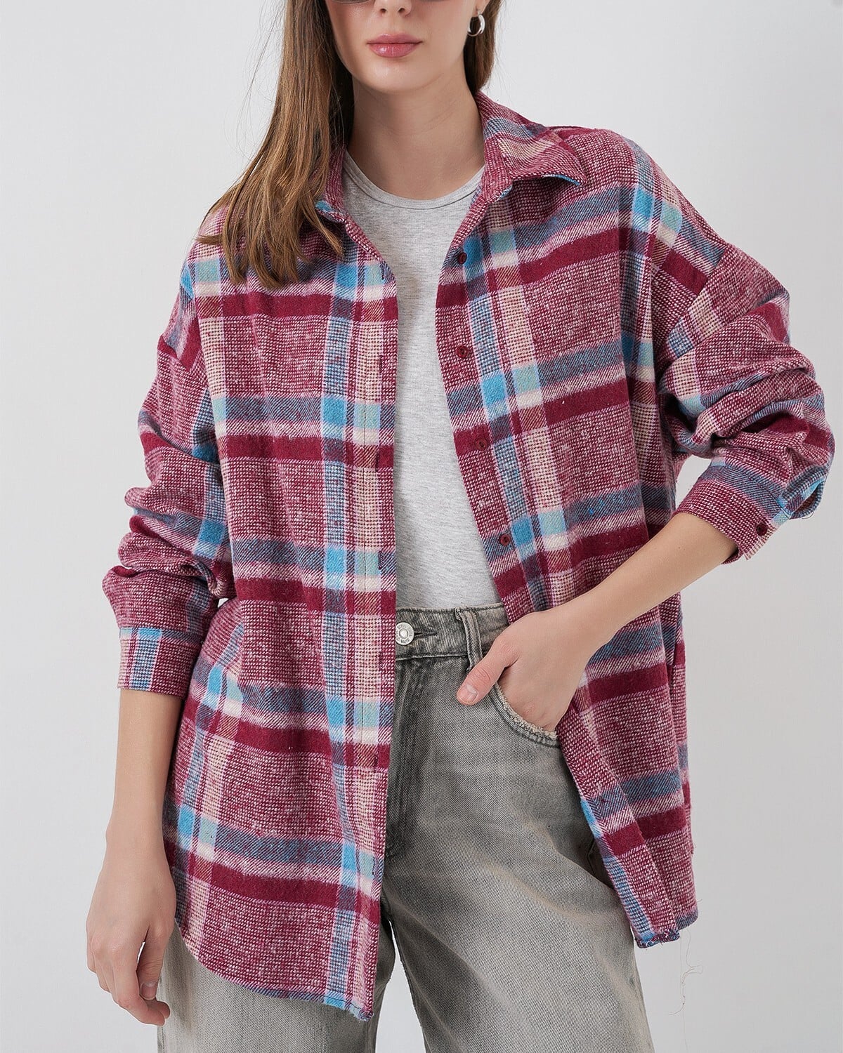 Women's Oversized Plaid Flannel Shirt with Button Front - Burgundy Blue Cream - Bigdart - by Peralane - photo 4
