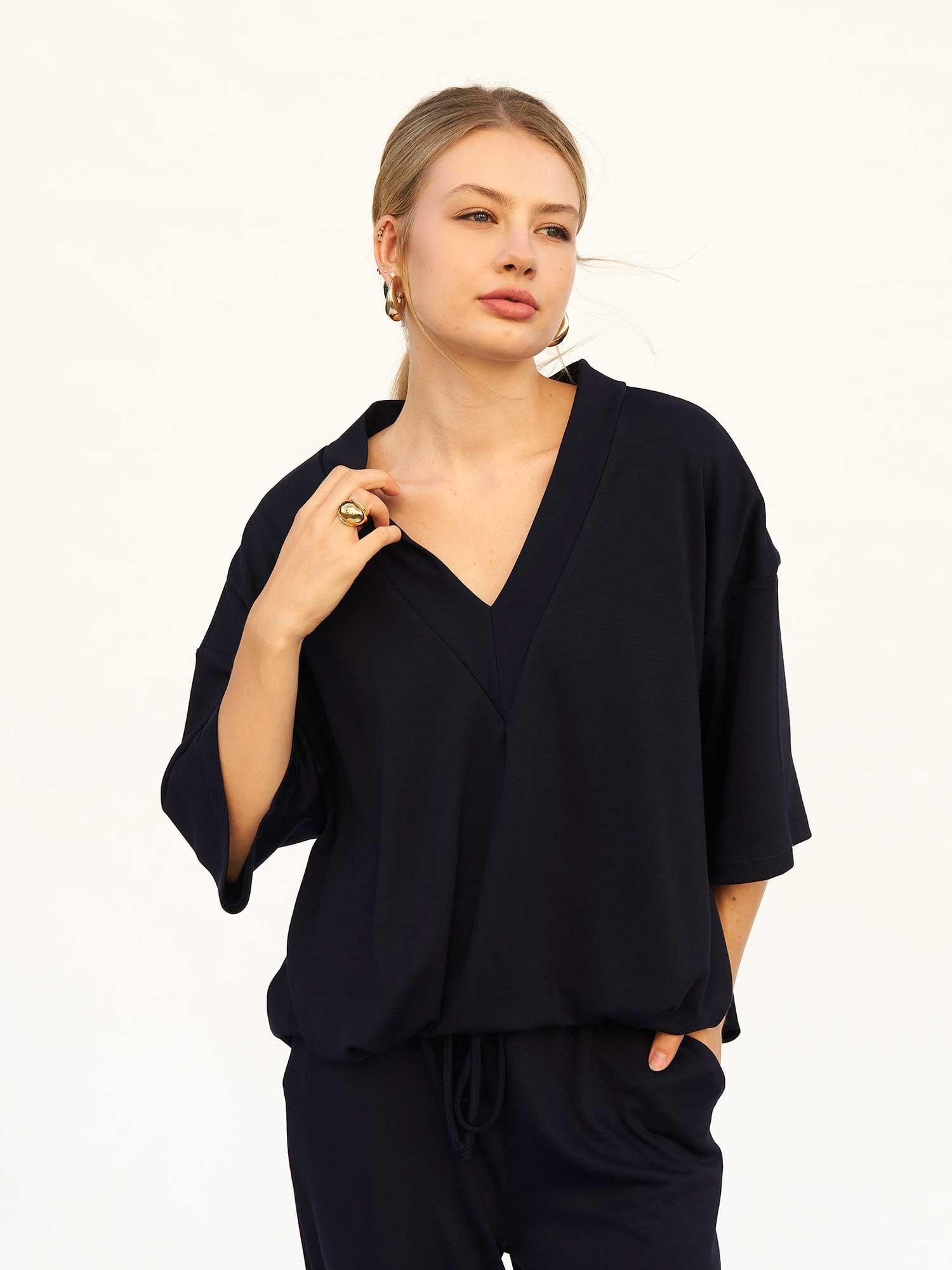 Navy Blue V-Neck Knit Blouse and Drawstring Trousers Loungewear Set - Lefon - by Peralane - photo 4