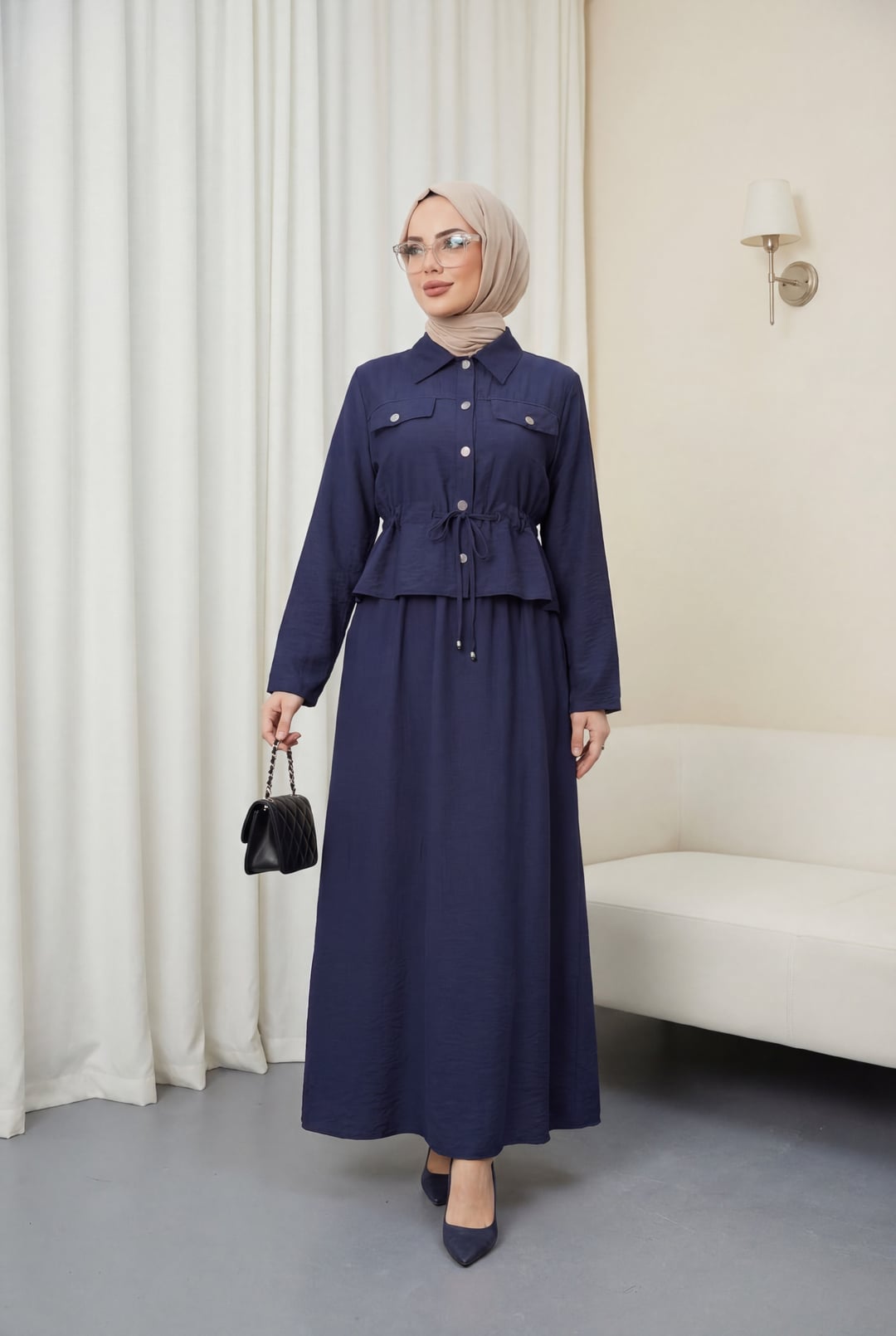 Navy Blue Modest Two-Piece Set with Long-Sleeve Shirt and Maxi Skirt - Podyumplus - by Peralane