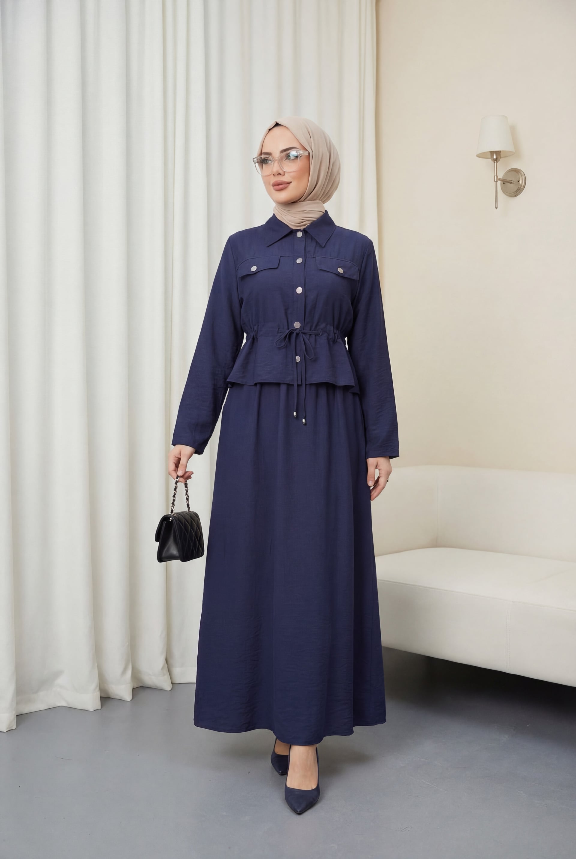 Navy Blue Modest Two-Piece Set with Long-Sleeve Shirt and Maxi Skirt - Podyumplus - by Peralane