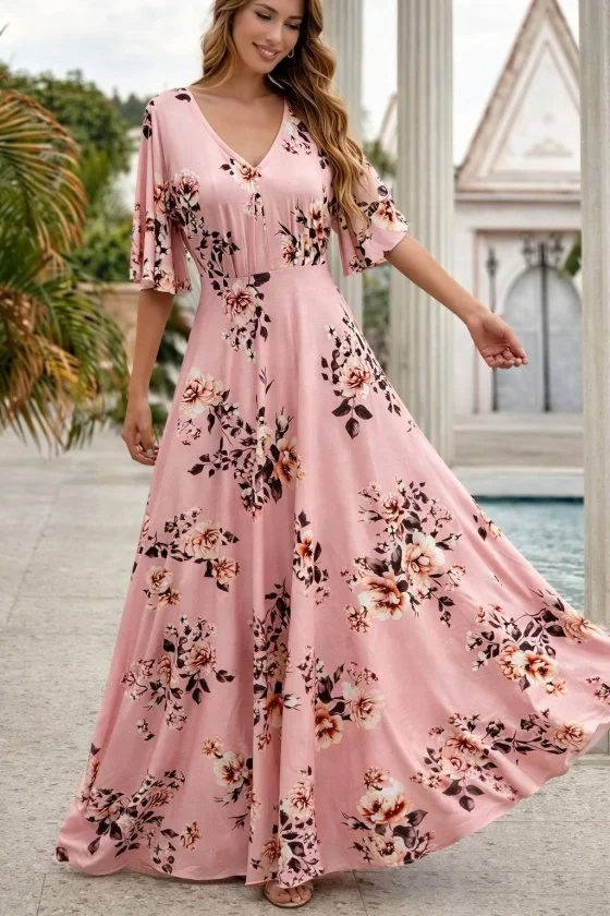 Women's Pink Floral V-Neck Short Sleeve Maxi Dress - Janes - by Peralane