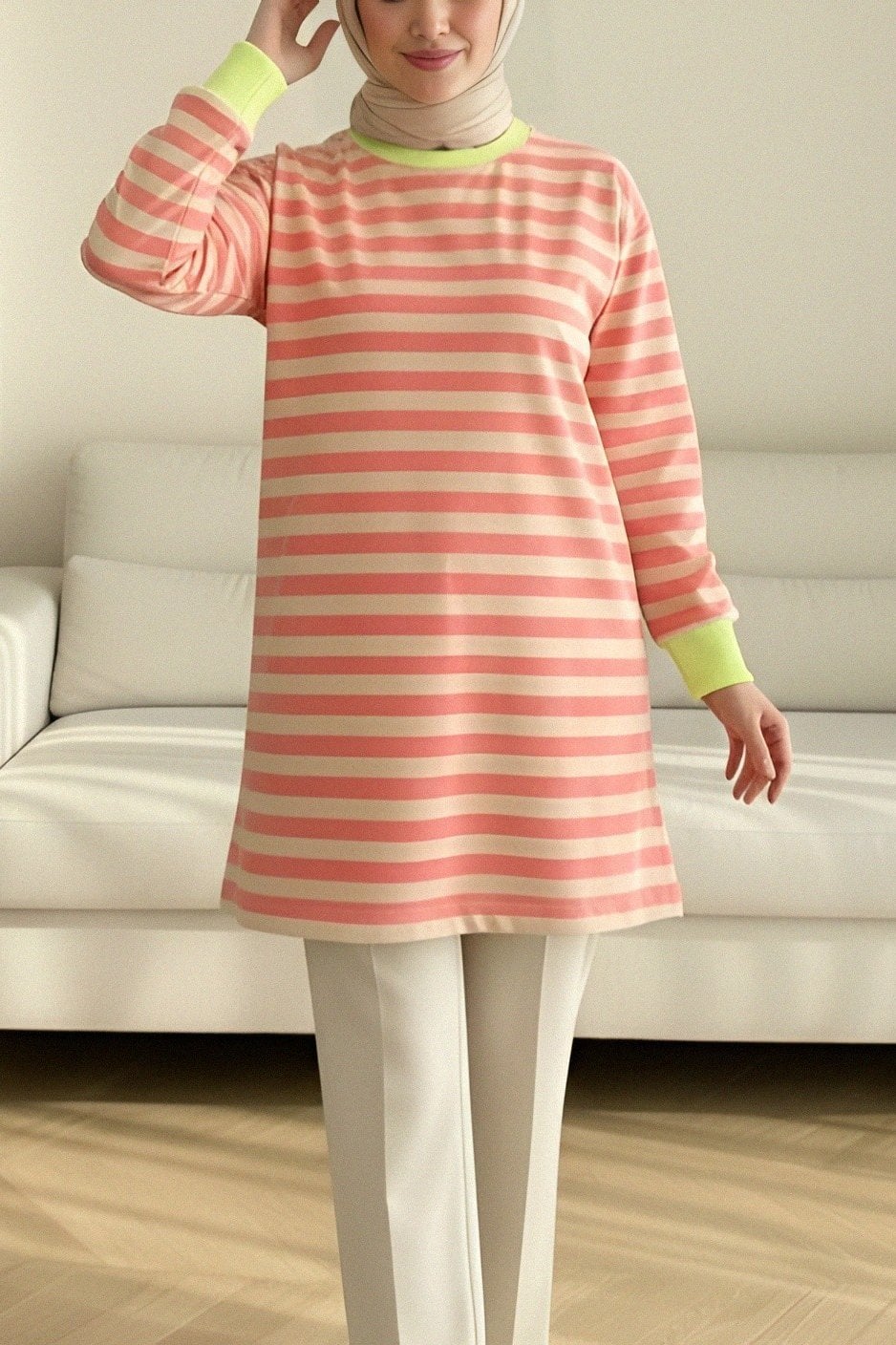 Striped Crew Neck Sweatshirt - Coral Pink and Beige with Neon Yellow Trim - Podyumplus - by Peralane