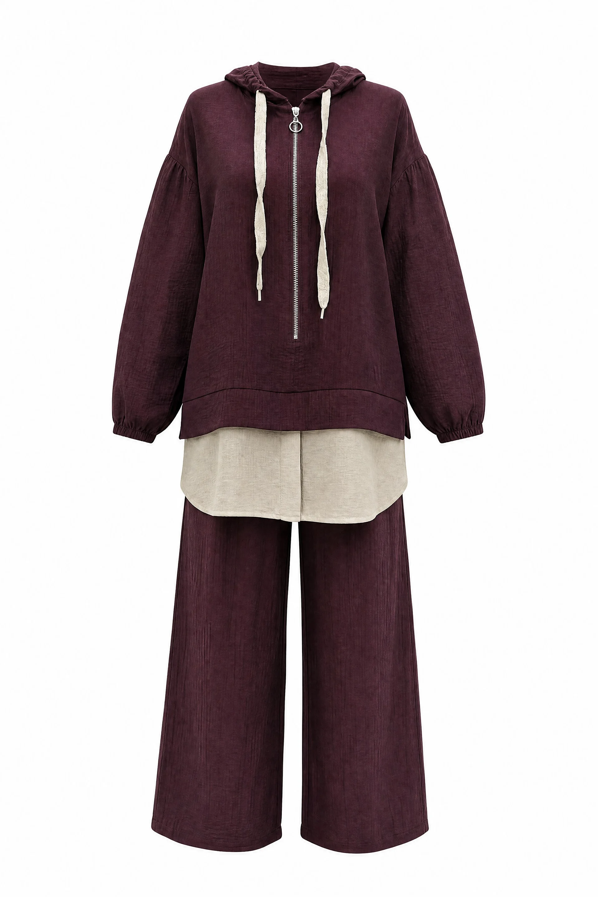 Half-Zip Hooded Sweatshirt and Wide-Leg Trousers Set - Deep Burgundy - Podyumplus - by Peralane - photo 4