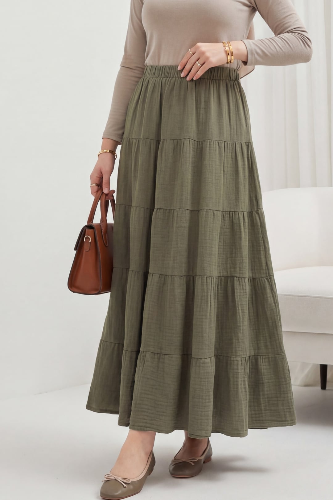 Elasticated Waist Tiered Muslin Maxi Skirt - Khaki - Podyumplus - by Peralane - photo 4