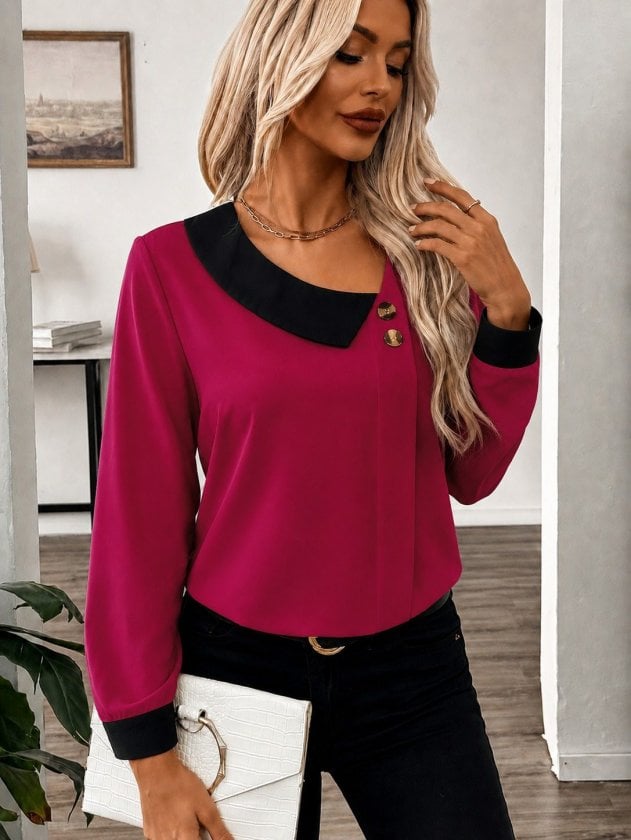 Women's Long Sleeve Asymmetric Neckline Button Crepe Blouse - Janes - by Peralane - photo 2