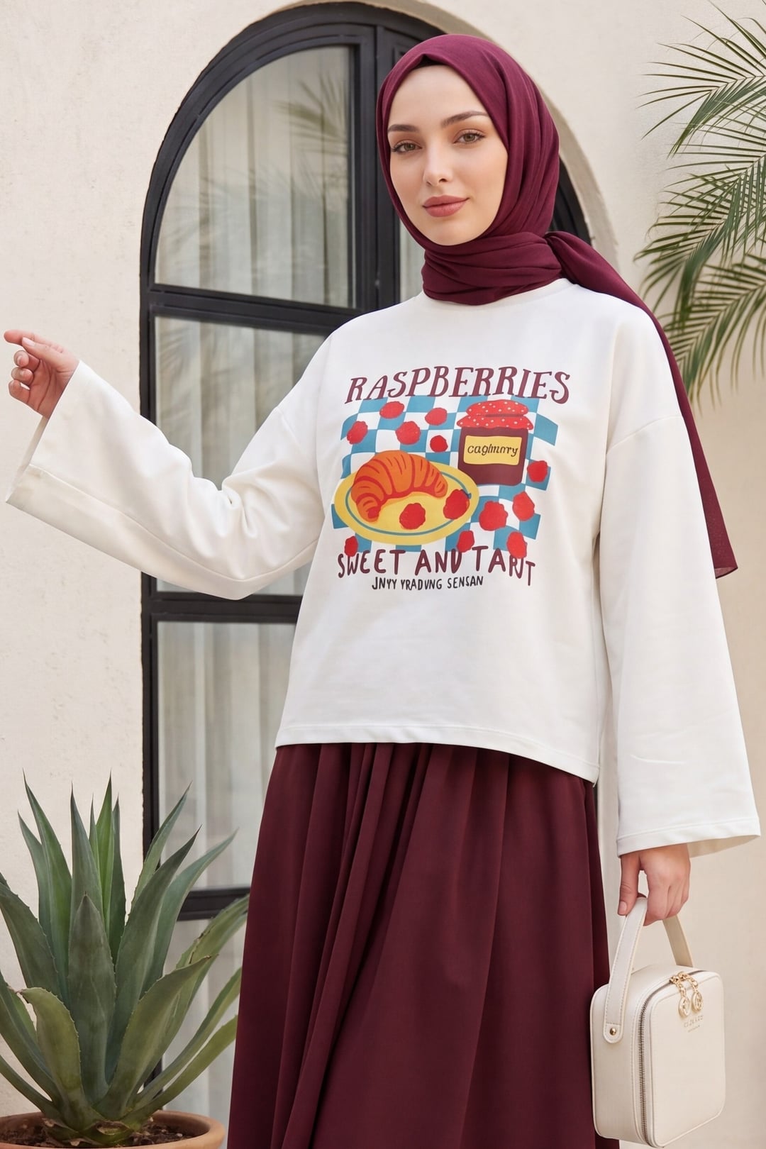 Fruit Print Crew Neck Oversize 2-Thread Sweatshirt - Burgundy - Podyumplus - by Peralane