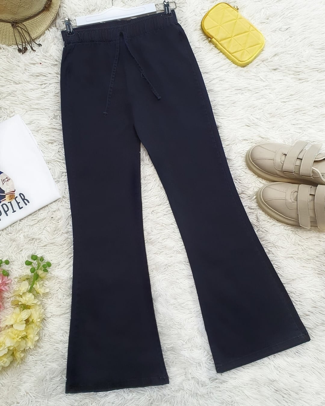 Navy Blue Drawstring Flared Trousers - Podyumplus - by Peralane - photo 5
