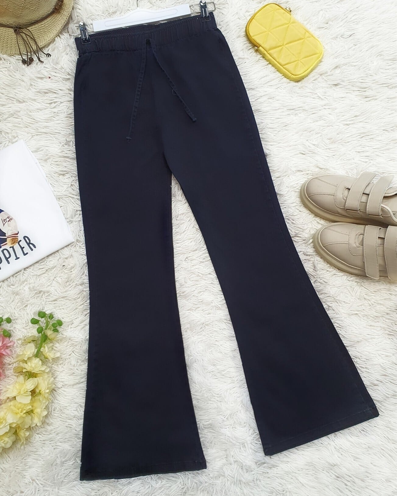 Navy Blue Drawstring Flared Trousers - Podyumplus - by Peralane - photo 5
