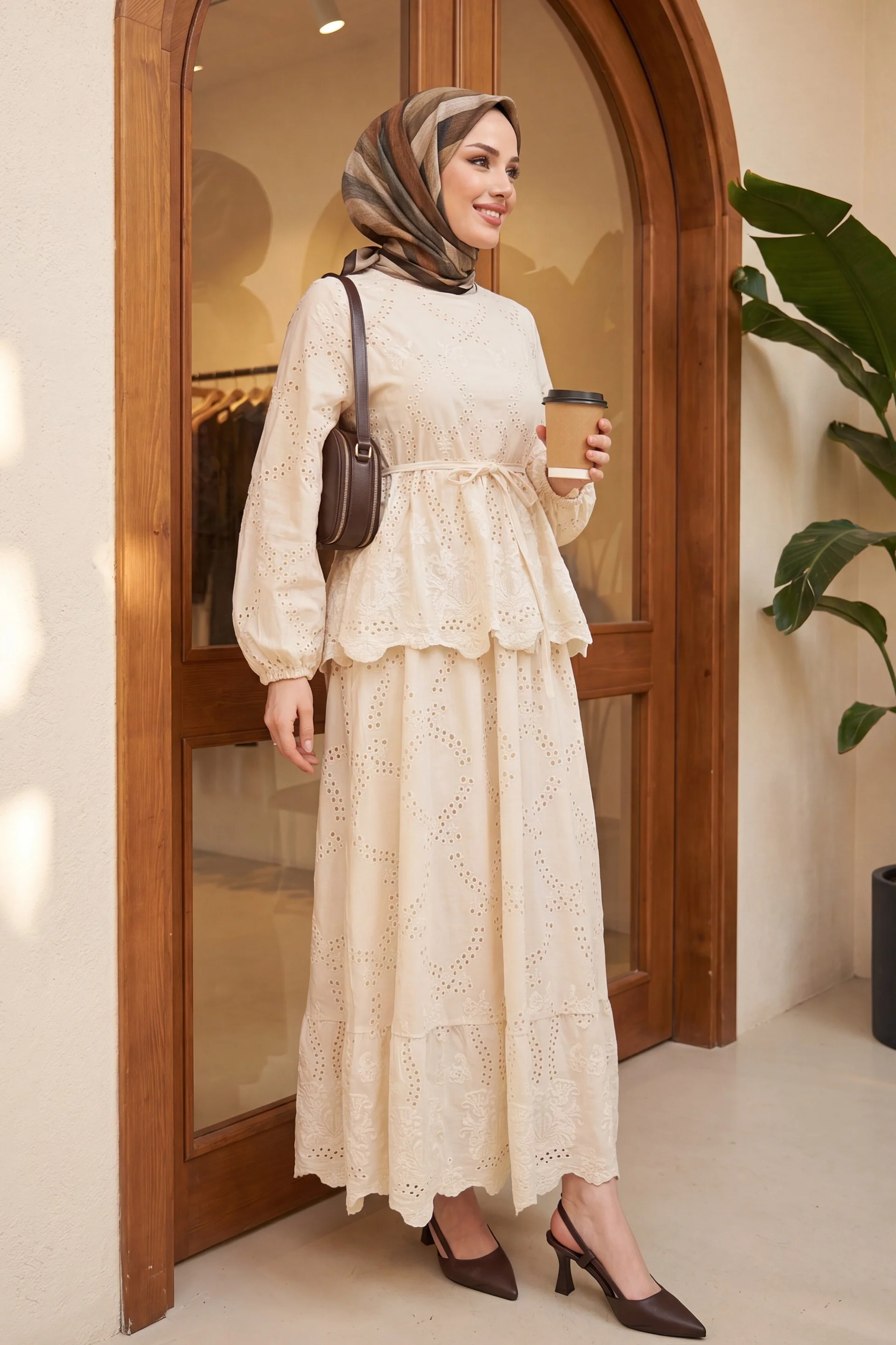 Elastic Sleeve Belted Eyelet Lined Linen-Look Two-Piece Set - Beige - Podyumplus - by Peralane