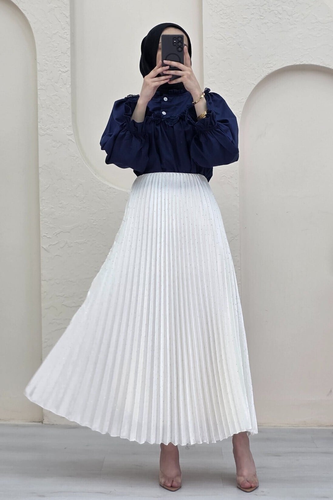 Cream Sequin Pleated Maxi Skirt - Podyumplus - by Peralane - photo 5