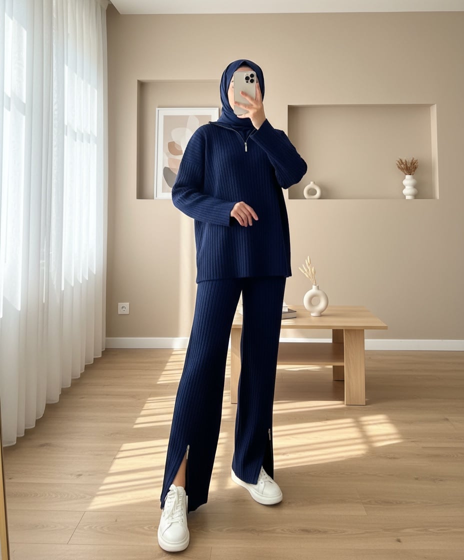 Half Mock Neck Ribbed Knit Lounge Set - Navy - Podyumplus - by Peralane - photo 2