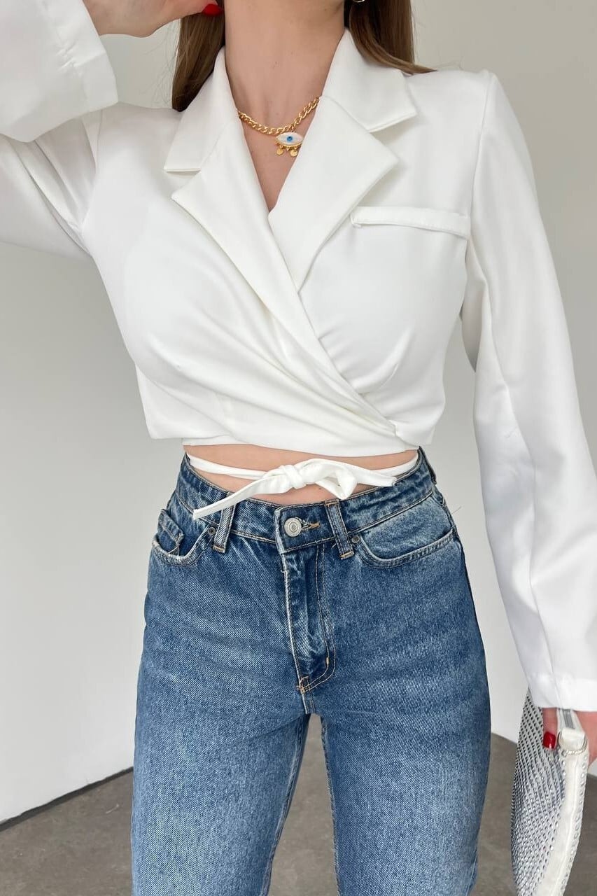 White Tie-Back Crop Jacket with Padded Shoulders - Podyumplus - by Peralane