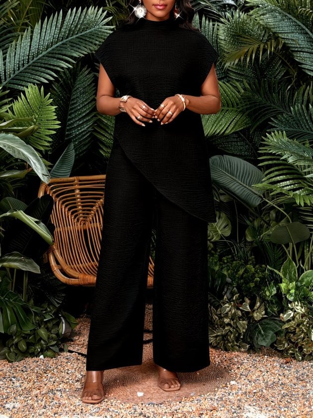 Women's Black Mock Neck Cap Sleeve Wide-Leg Jumpsuit with Asymmetric Cut Detail - Janes - by Peralane - photo 2