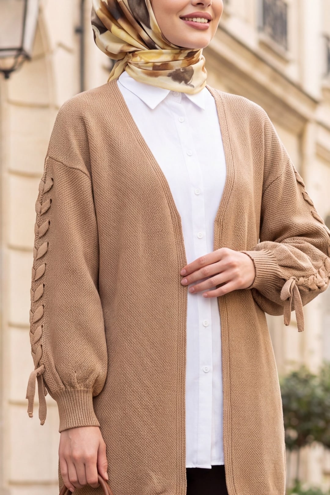 Braided Sleeve Slouchy Knit Cardigan - Mink - Podyumplus - by Peralane - photo 2