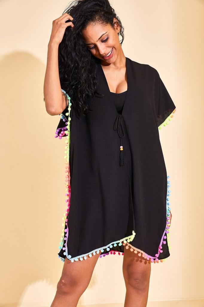 Black Pareo with Colourful Pom-Pom Fringe - Nesvay - by Peralane - photo 2