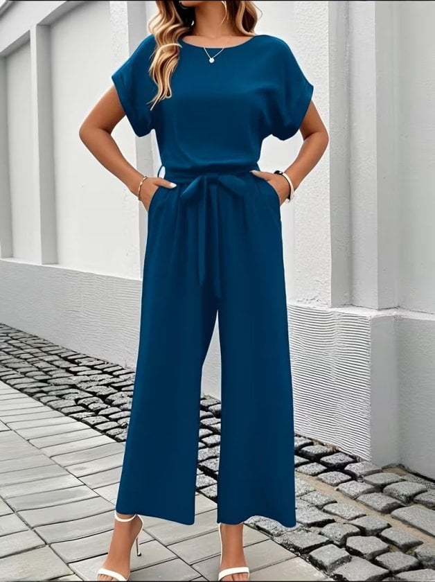 Women's Short Sleeve Round Neck Elastic Waist Pocket Jumpsuit - Janes - by Peralane