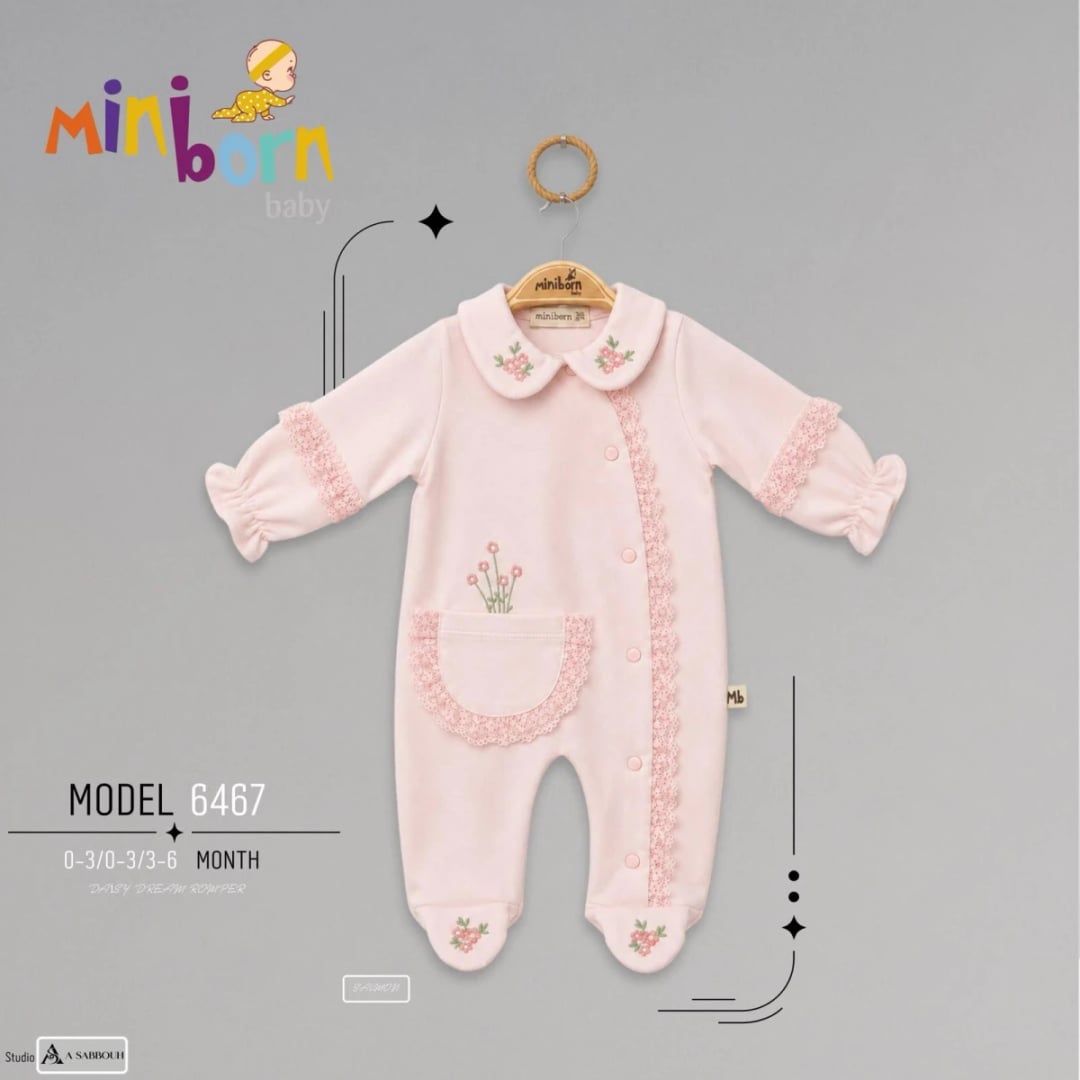 Baby Girls Floral Embroidered Romper with Integrated Feet in Salmon Pink - Miniborn - by Peralane