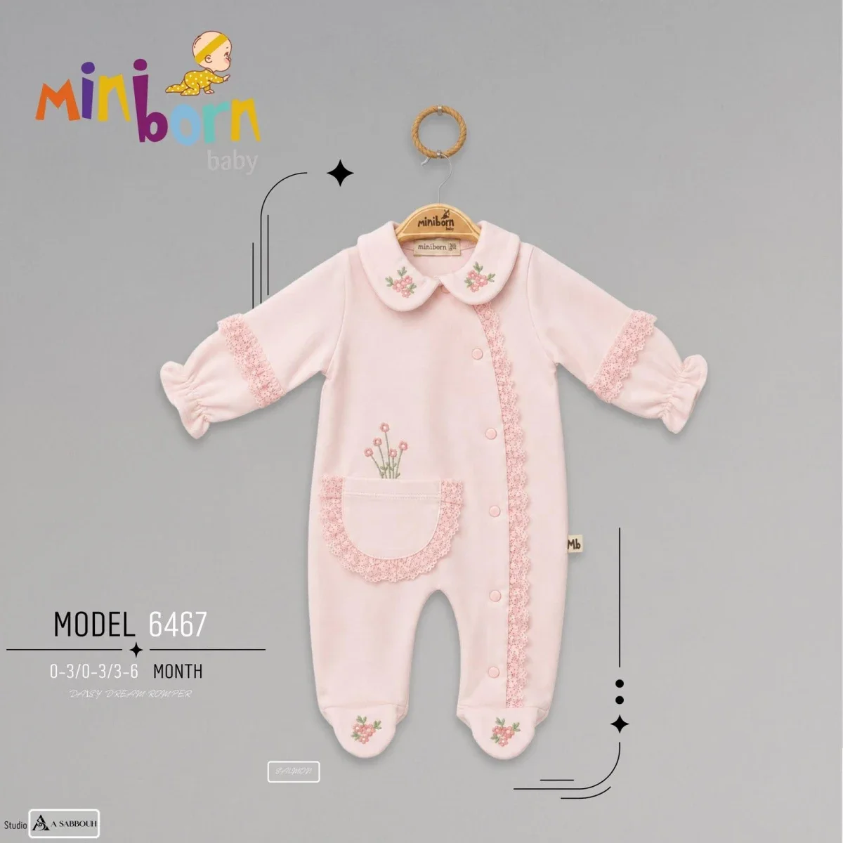 Baby Girls Floral Embroidered Romper with Integrated Feet in Salmon Pink - Miniborn - by Peralane