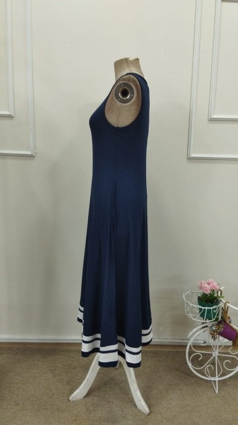 Women's Sleeveless Round Neck Navy Blue Midi Dress with Striped Hem - Janes - by Peralane - photo 5
