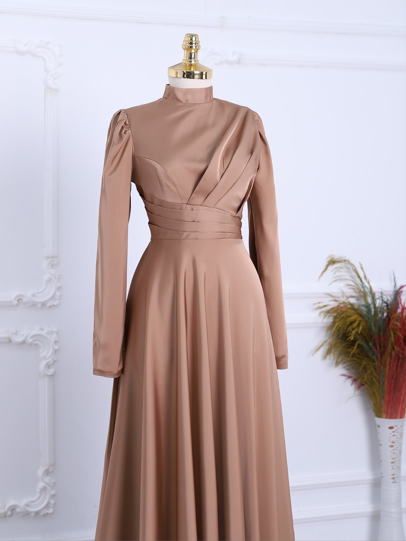 Draped Satin Evening Dress - Mink - Podyumplus - by Peralane - photo 3