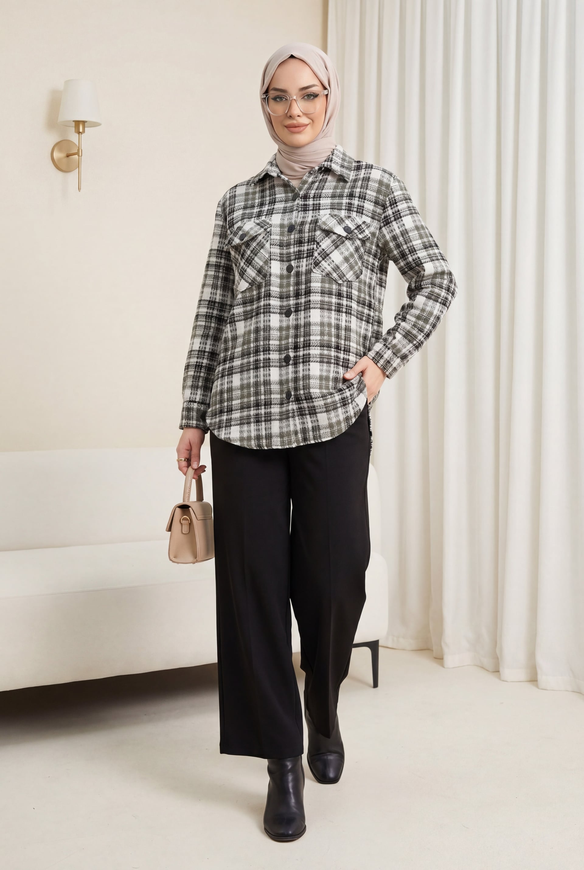 Flap Pocket Tweed Shirt - Khaki - Podyumplus - by Peralane - photo 2