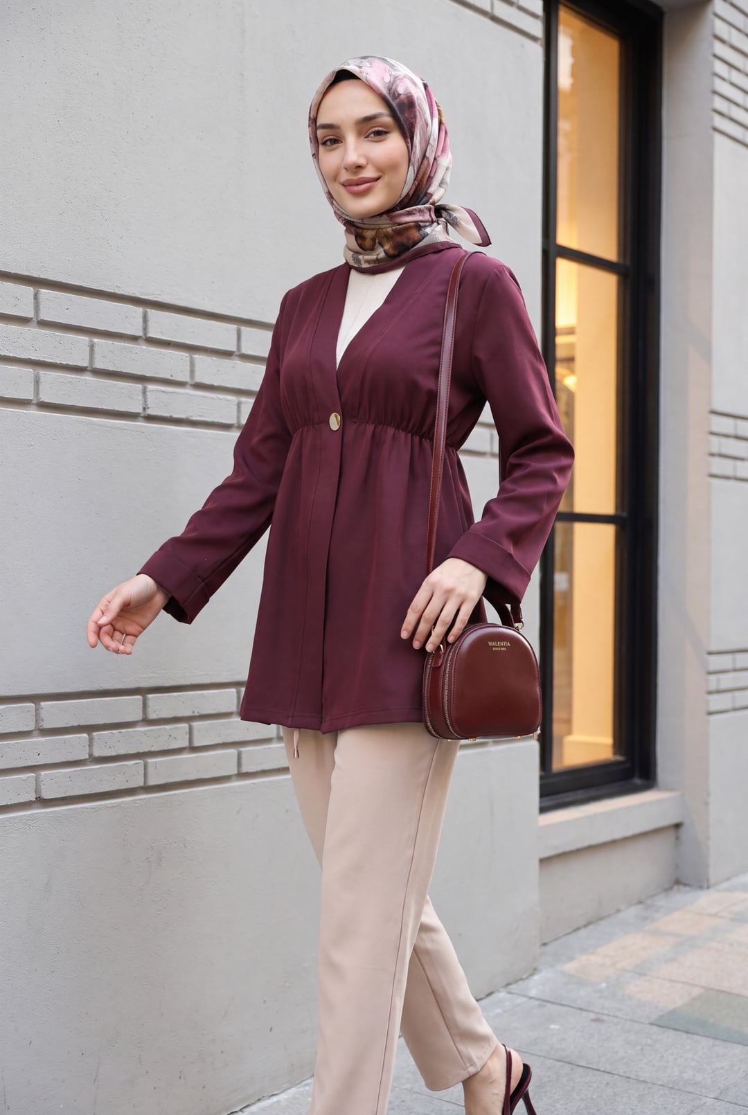 Elasticated Waist Folded Sleeve Single Button Crepe Kimono - Plum - Podyumplus - by Peralane - photo 3