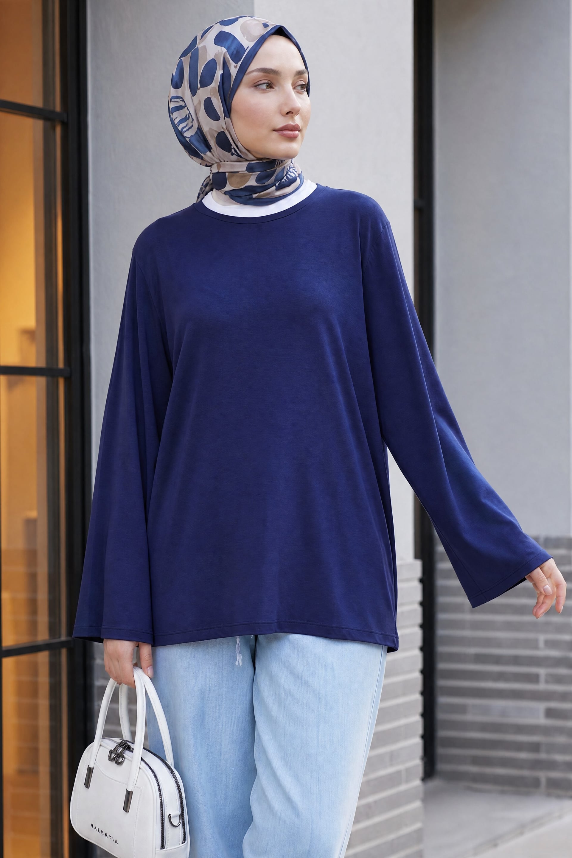 Women's Navy Blue Bicycle Neck Spanish Sleeve Padded Shoulder Lining Blouse - Podyumplus - by Peralane - photo 2