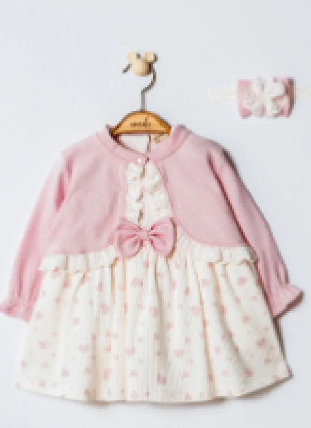 Baby Girls' Cream and Pink Heart Print Dress Set with Cardigan and Headband - Miniborn - by Peralane