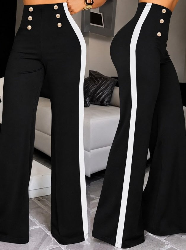 Women's High Waist Wide Leg Crepe Trousers with Side Stripe Detail - Janes - by Peralane