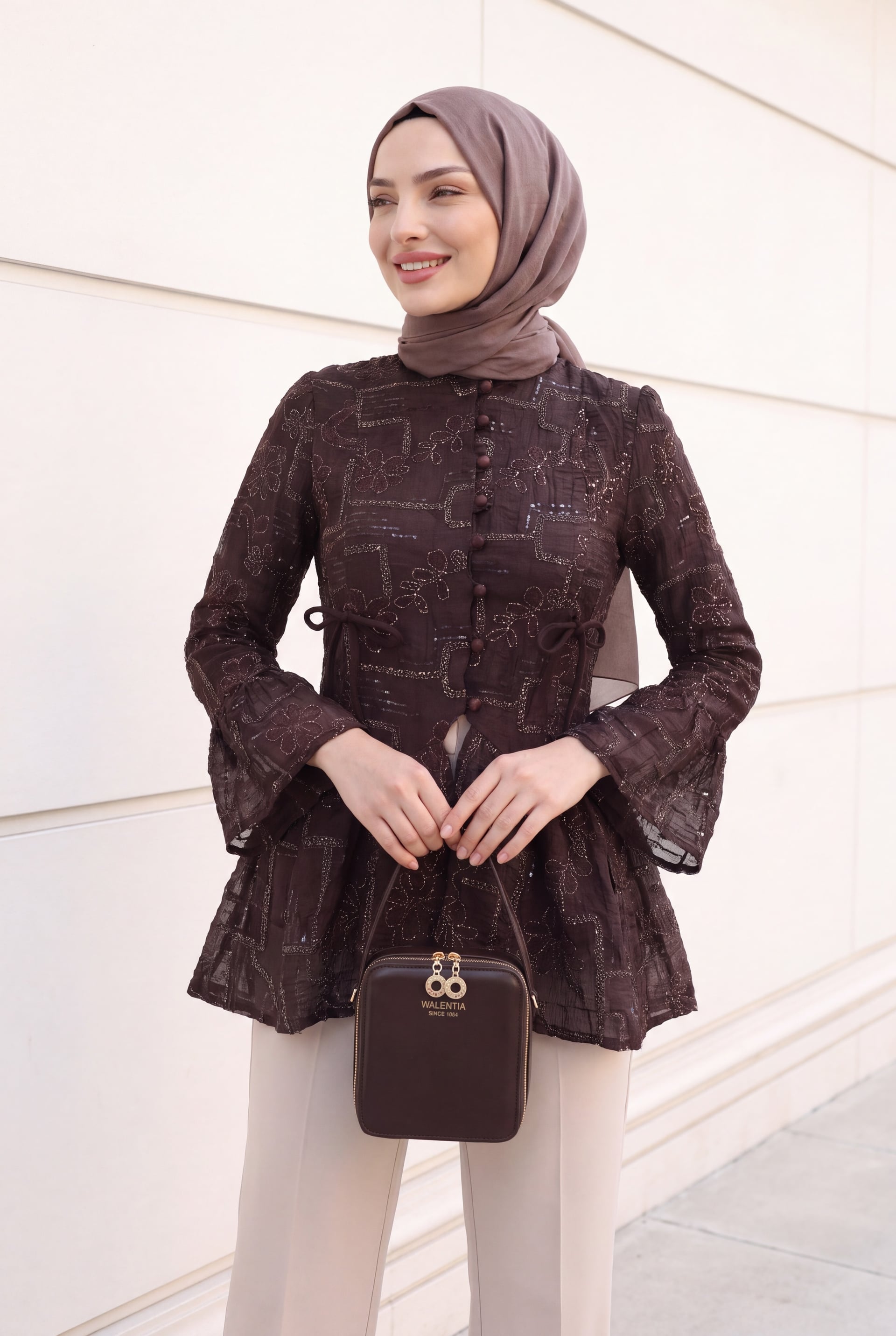 Dark Purple High Neck Button Front Lined Frilled Poliviscose Tunic - Podyumplus - by Peralane - photo 5