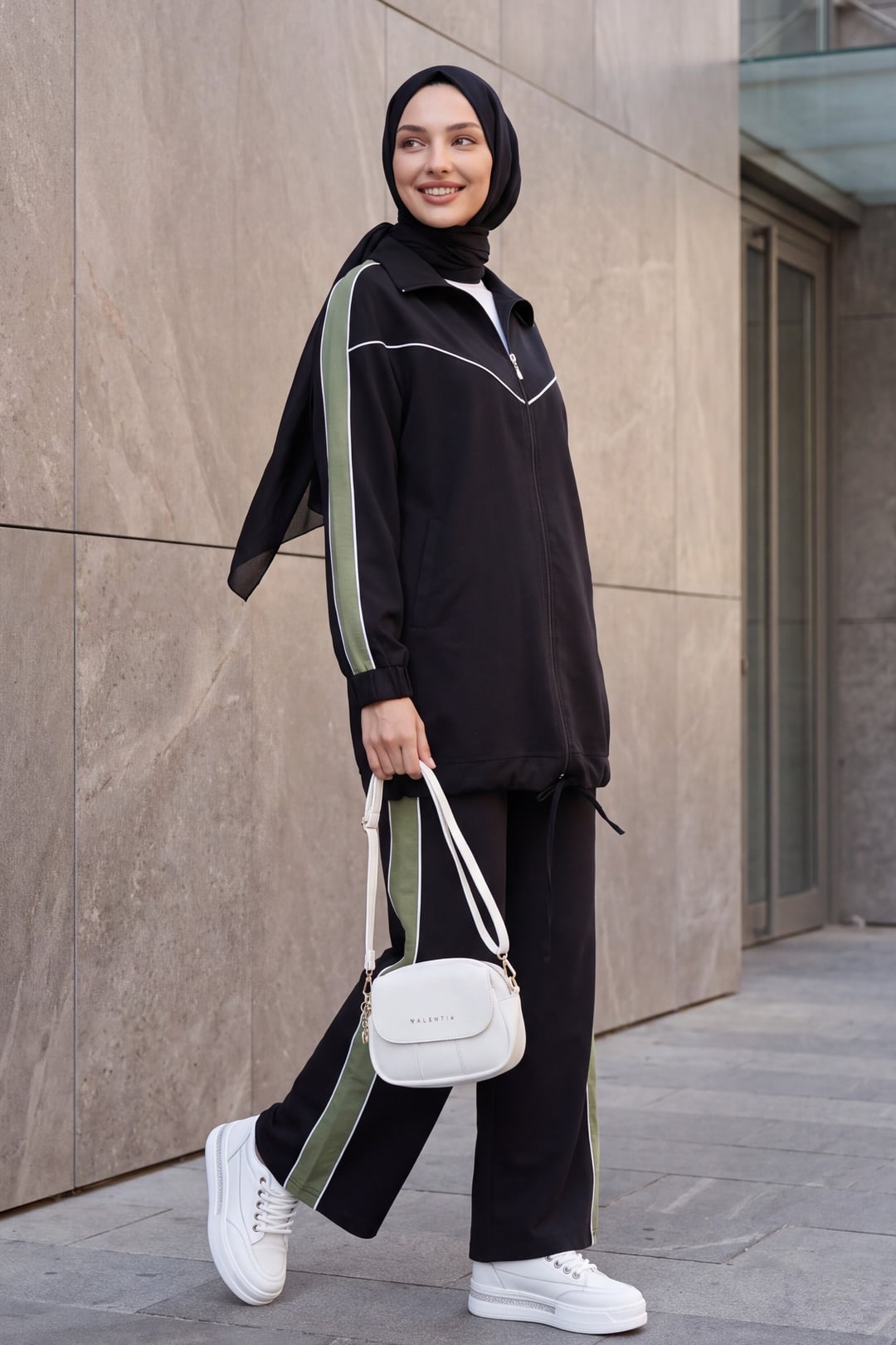 Striped Skirt and Drawstring Trousers Zip-Up Tracksuit Set - Black - Podyumplus - by Peralane - photo 3