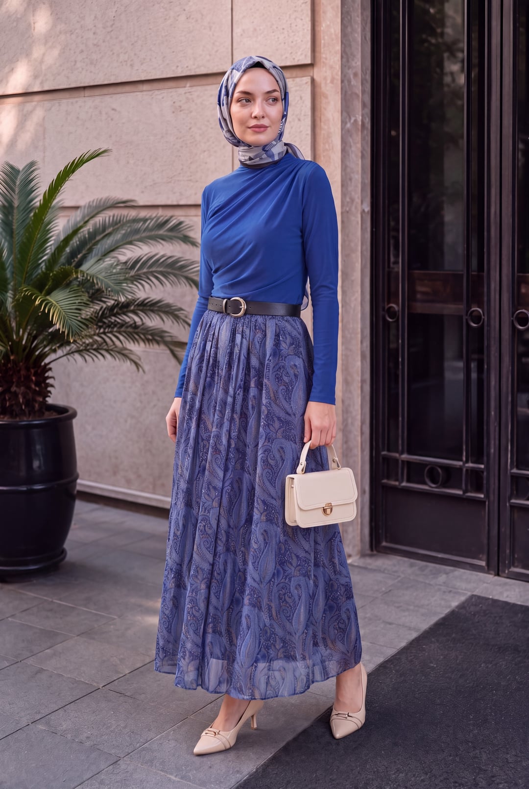 Elasticated Waist Belted Lined Patterned Tulle Skirt - Indigo - Podyumplus - by Peralane - photo 3