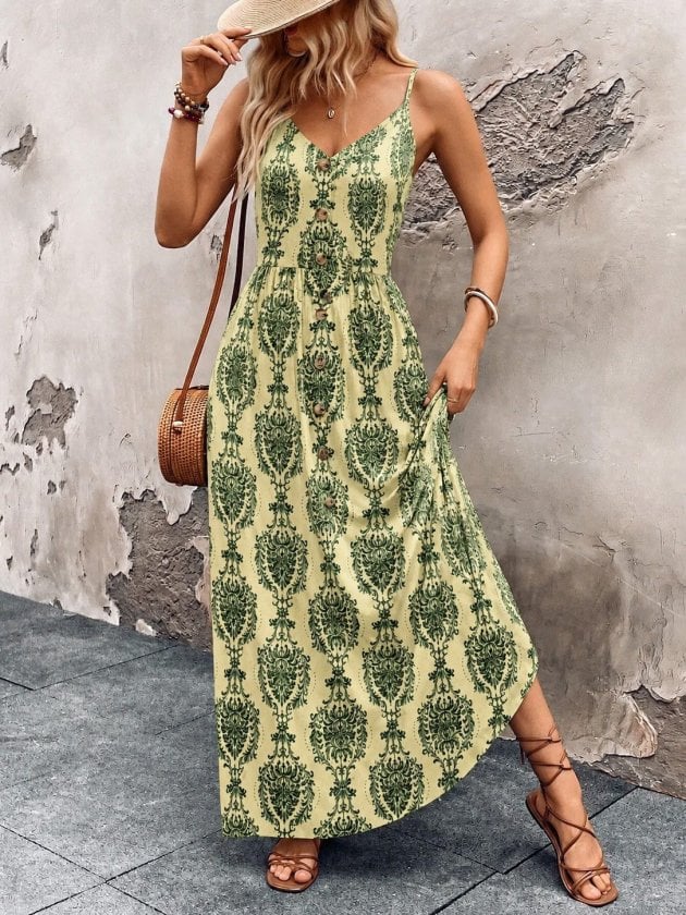 Women's Spaghetti Strap V-Neck Button Front Printed Maxi Dress - Janes - by Peralane