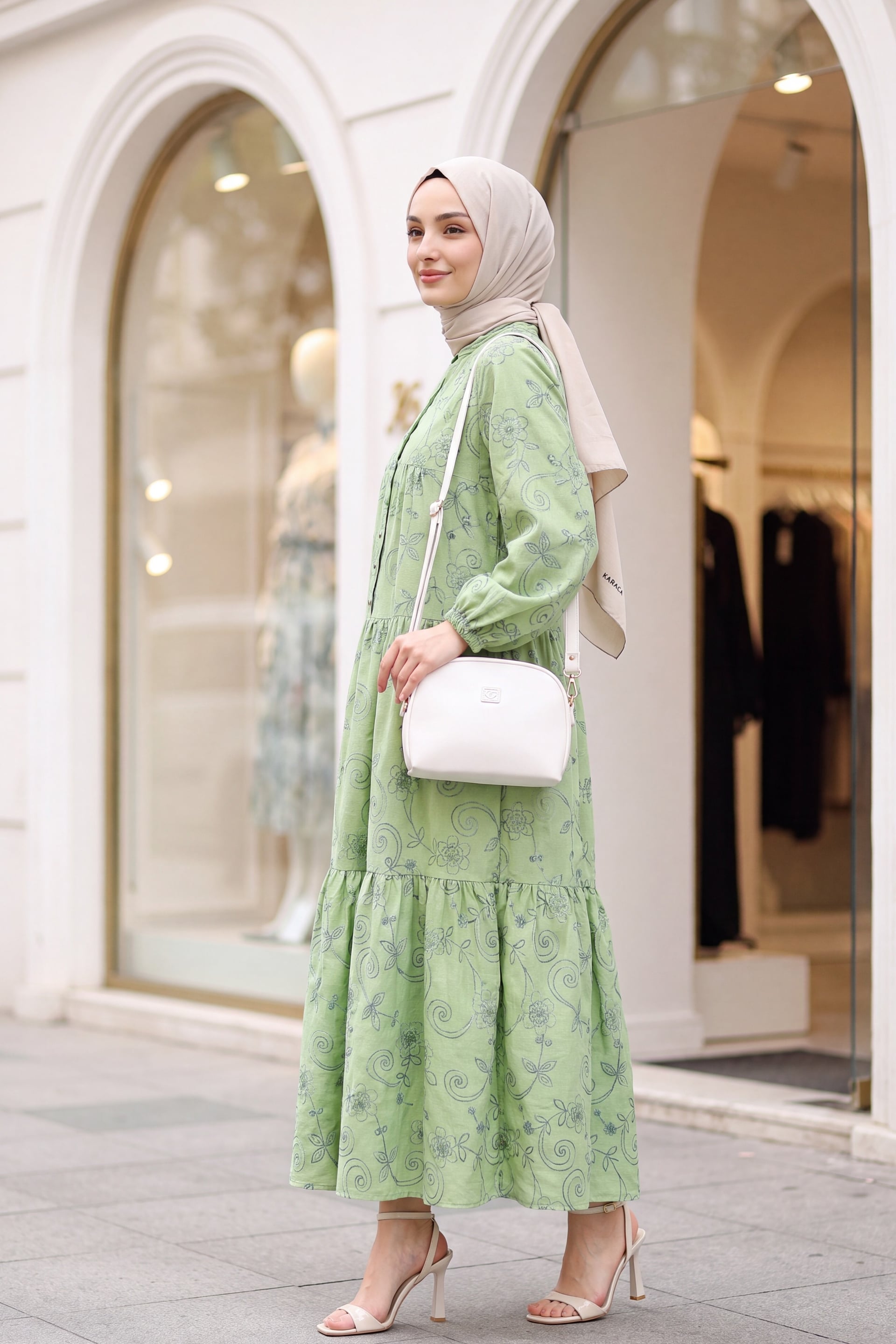 Long-Sleeved Tiered Dress with Half Button Placket and Jacquard Print - Khaki - Podyumplus - by Peralane - photo 2