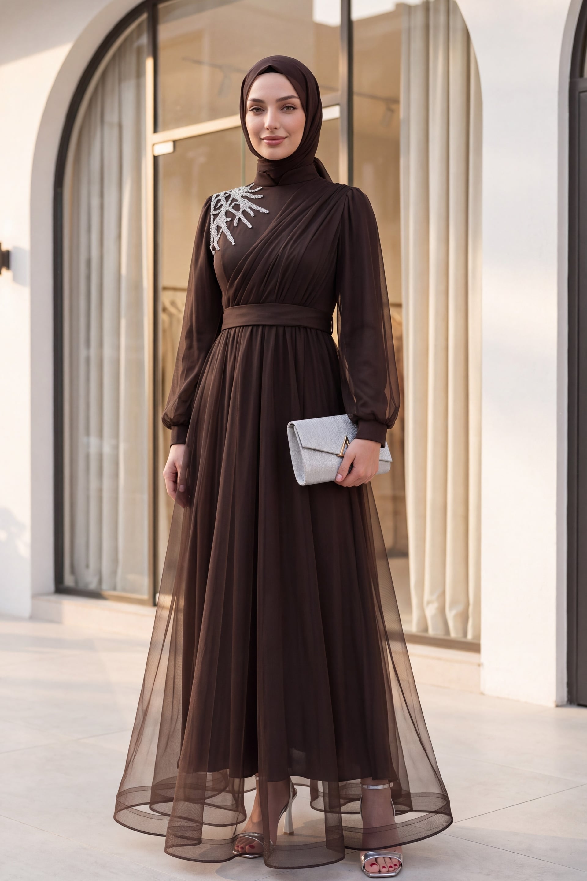 Stone Detail Draped Belted Tulle Evening Dress - Dark Brown - Podyumplus - by Peralane - photo 2