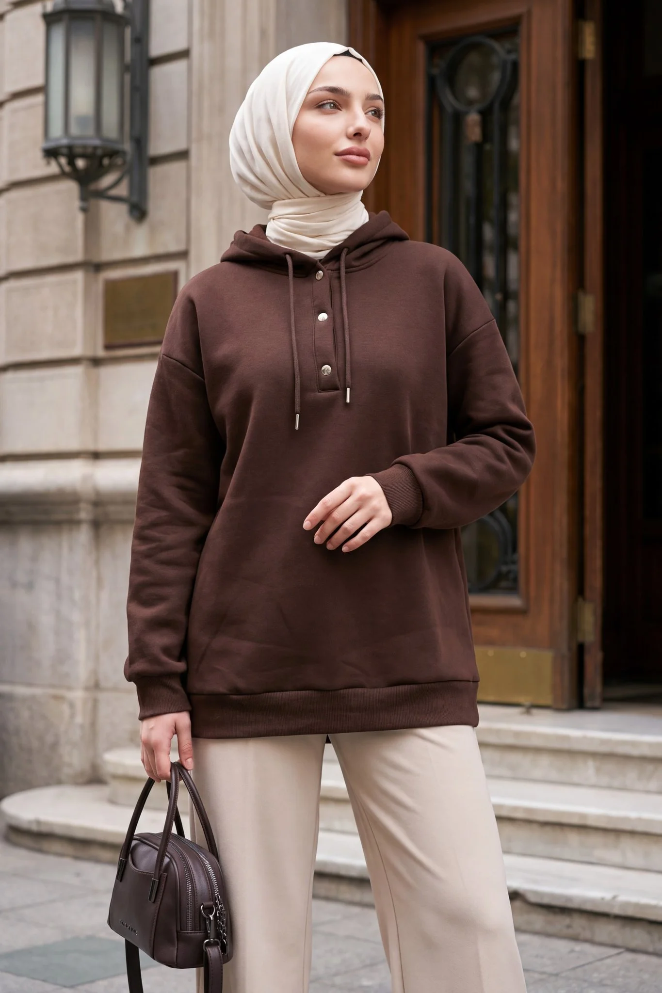 Women's Hooded Sweatshirt with Snap Button Neckline - Dark Brown - Podyumplus - by Peralane - photo 2