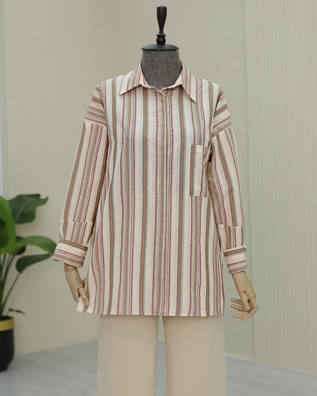 Oversize Striped Shirt with Single Pocket - Brown - Podyumplus - by Peralane - photo 3
