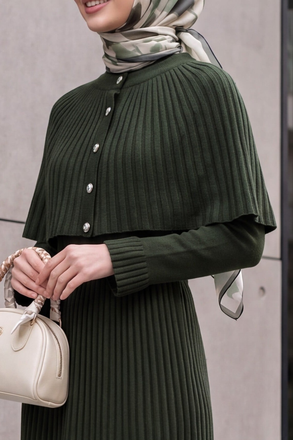 Long Knit Dress with Pleated Cape Overlay and Ribbed Skirt - Olive Green - Podyumplus - by Peralane - photo 2