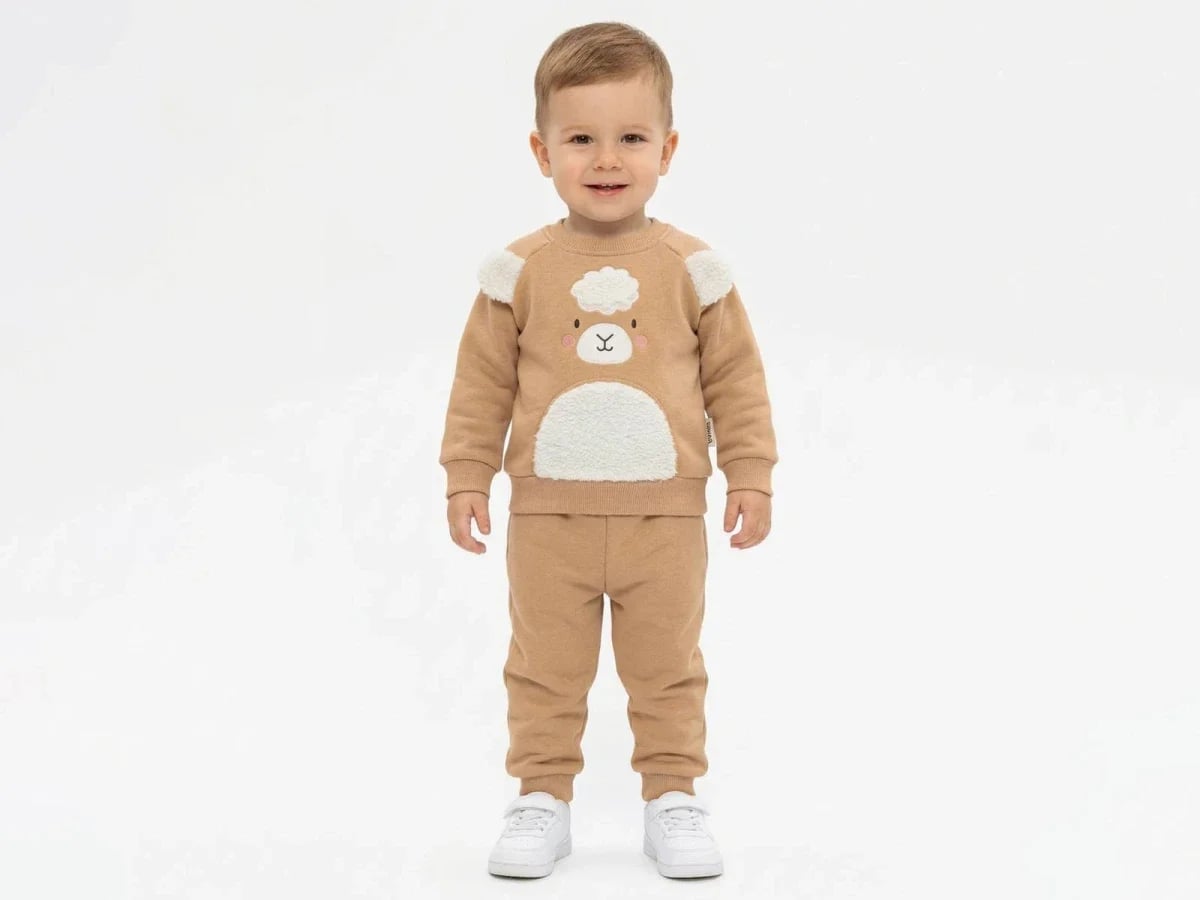 Boys' Bear Motif Sweatshirt and Trousers Set - Light Brown - Vovido - by Peralane