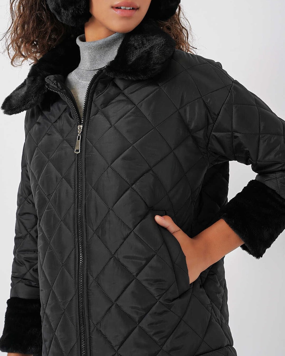 Black Quilted Jacket with Faux Fur Trim - Bigdart - by Peralane - photo 5