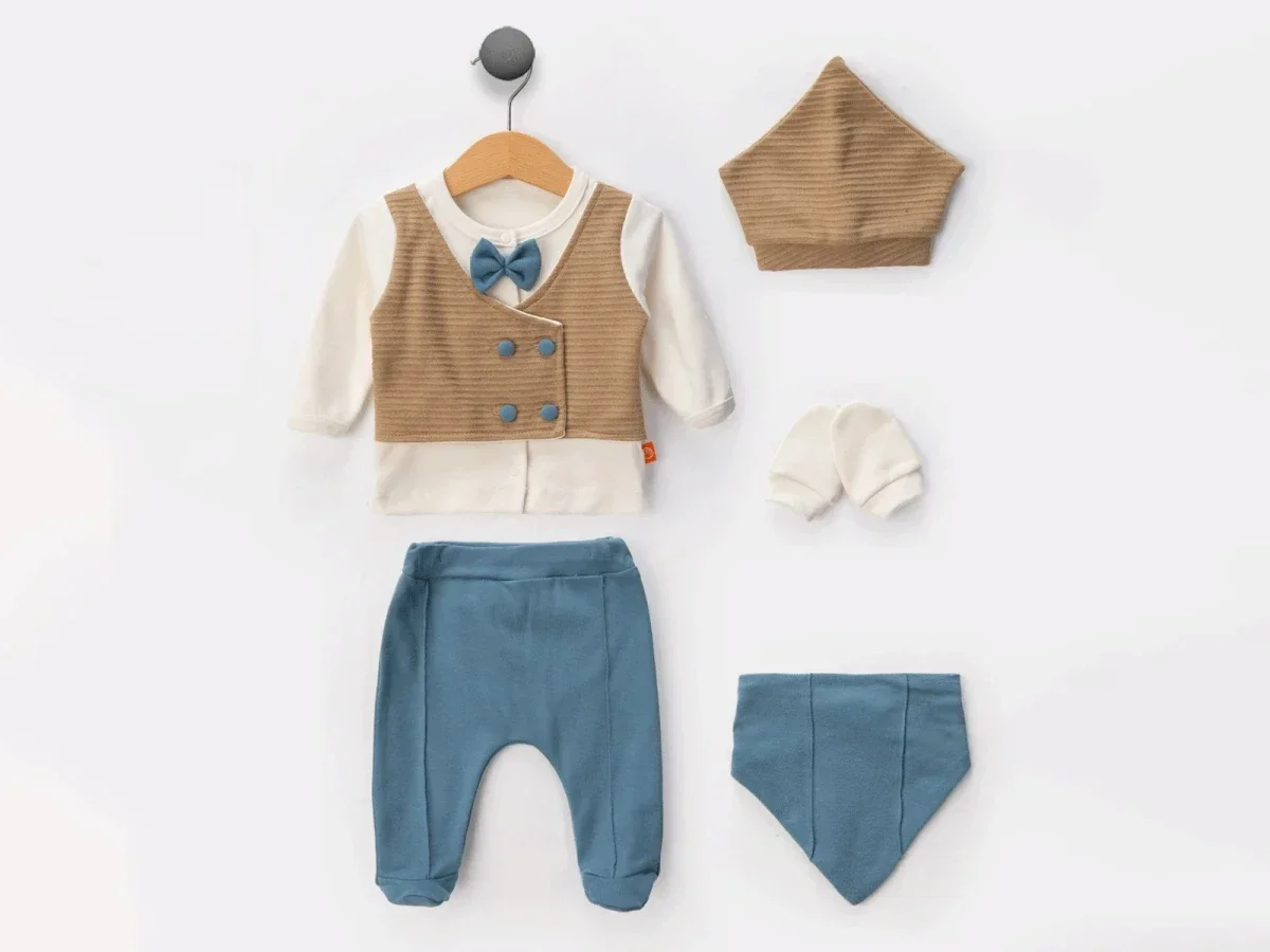 Newborn Baby Boy Vest Bow Tie Bodysuit Set - Blue - Beyaz Bebek - by Peralane