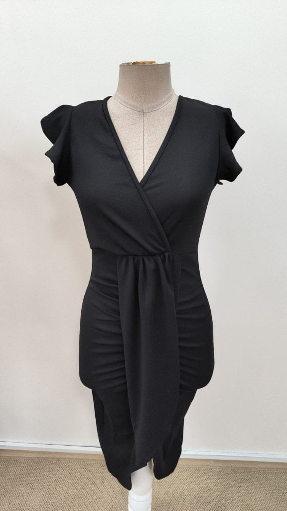 Women's Black Midi Crepe Dress with Flutter Sleeves and Wrap Front - Janes - by Peralane - photo 6