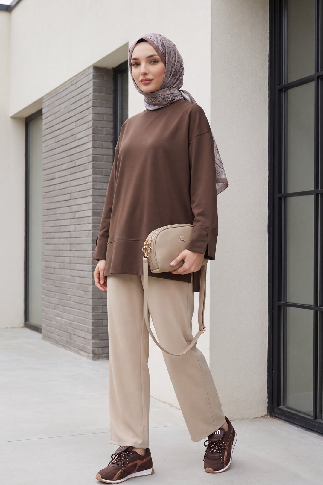 Crew Neck Slit Oversize Knit Tunic - Dark Brown - Podyumplus - by Peralane - photo 5