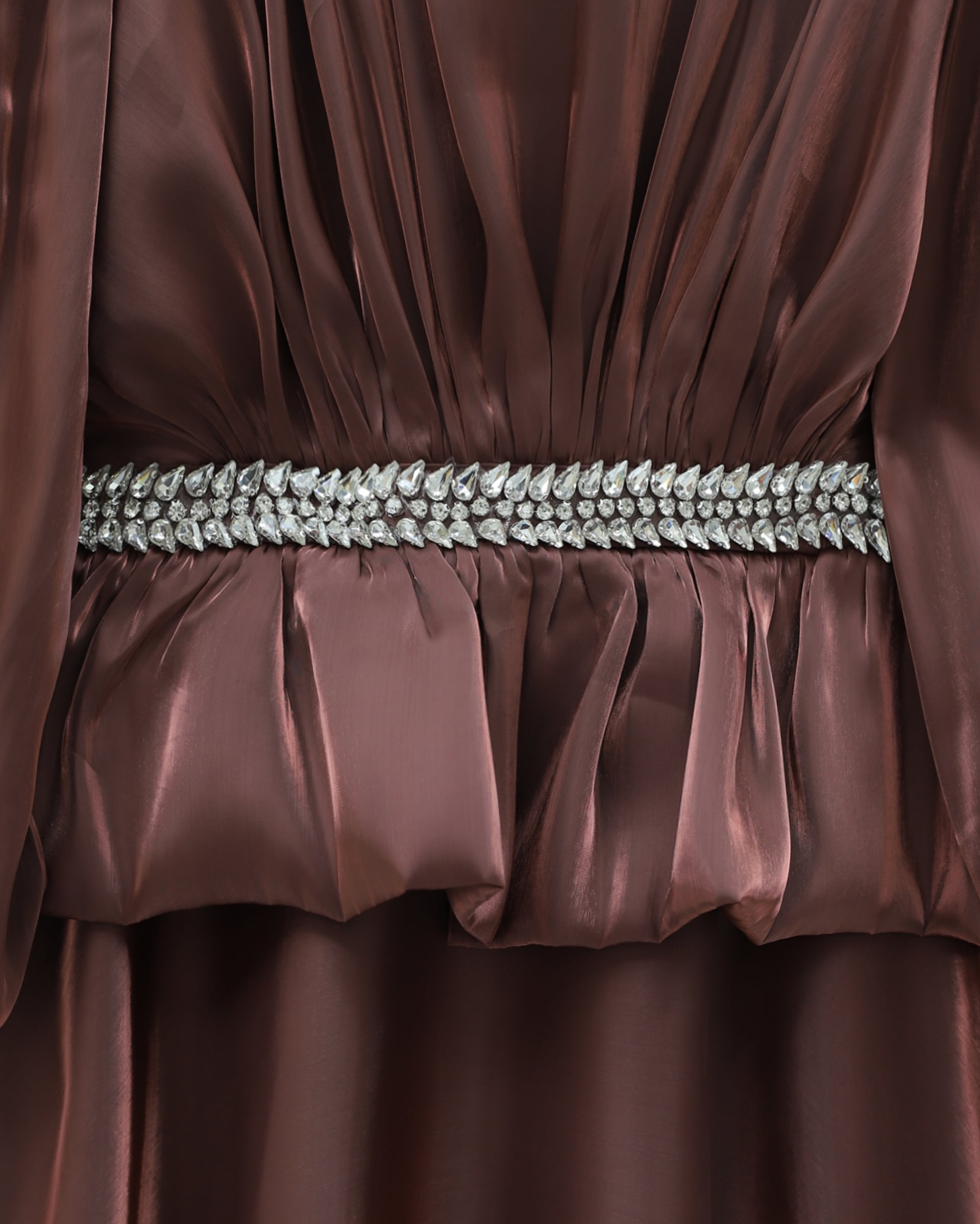Satin Evening Dress with Ruffled Waist Detail and Rhinestone Embellishments - Dark Gray - Podyumplus - by Peralane - photo 5