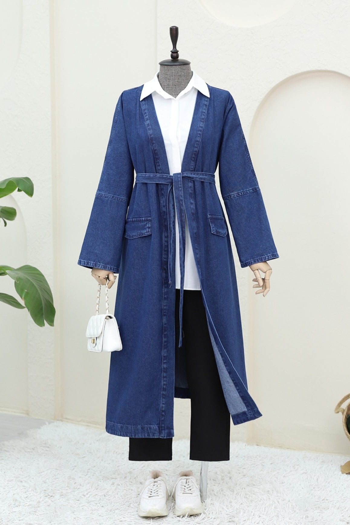 Indigo Tie Waist Long Denim Jacket with Pockets - Podyumplus - by Peralane - photo 6