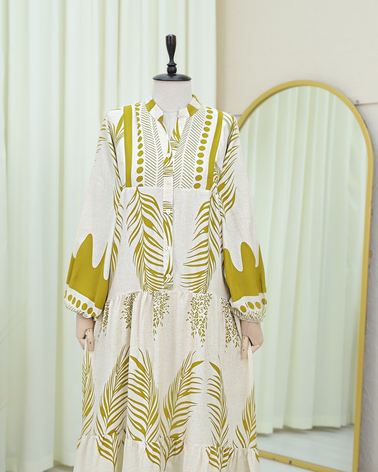 Women's Modest Leaf Print Dress with Stand Collar and Half Button Placket - Cream - Podyumplus - by Peralane - photo 7