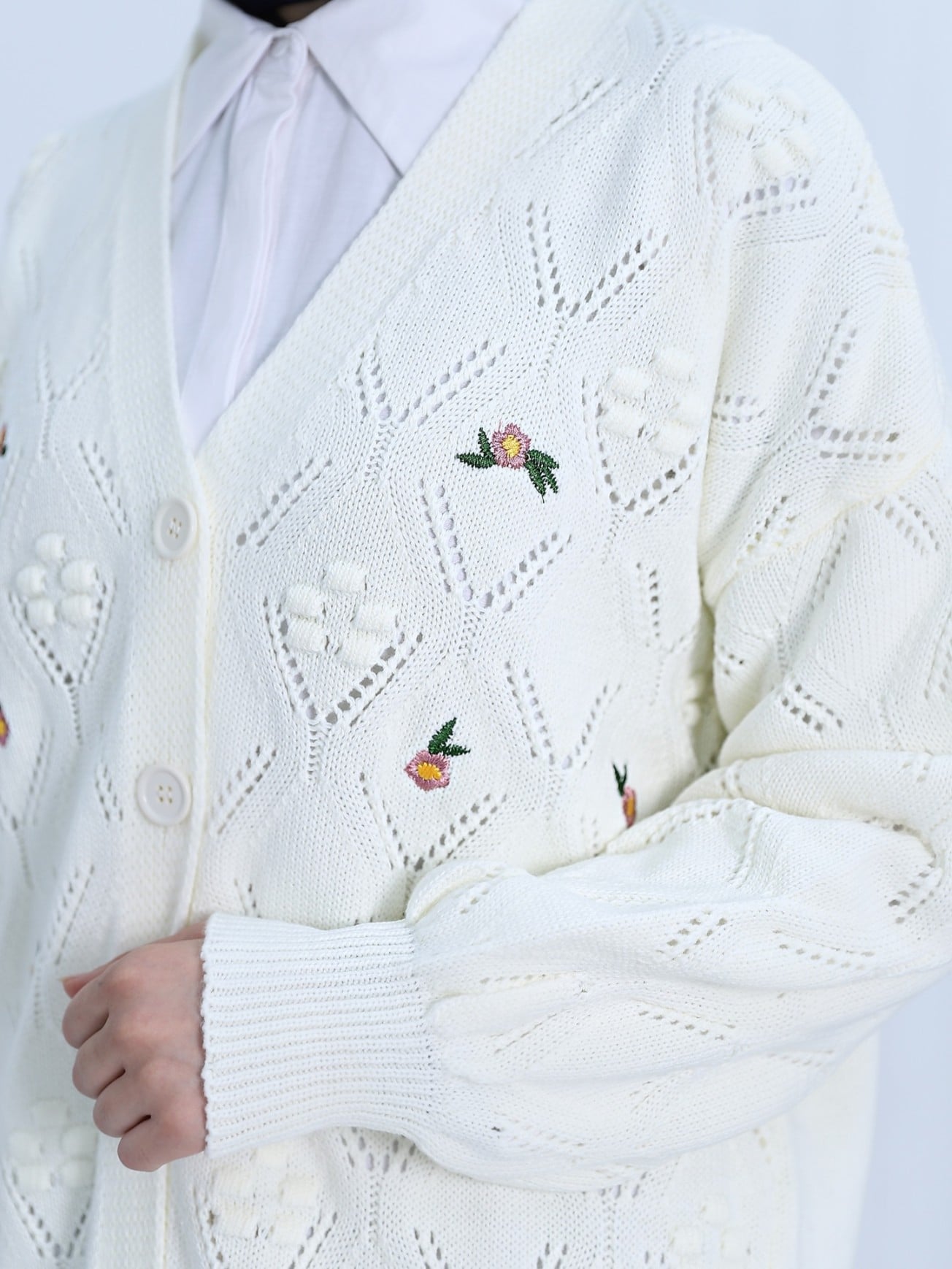 Cream Knitted Cardigan with Floral Embroidery and Pom Poms - Podyumplus - by Peralane - photo 2