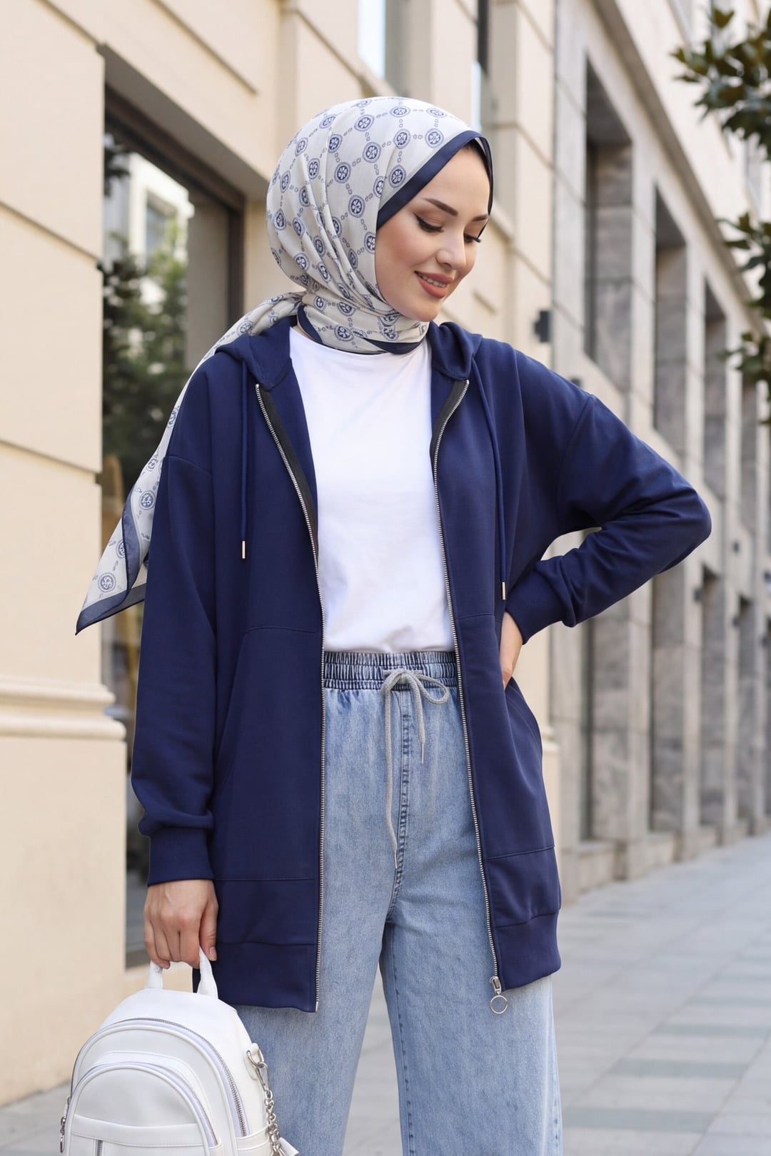 Navy Blue Zip-Up Kangaroo Pocket Hooded Sweatshirt - Podyumplus - by Peralane - photo 2