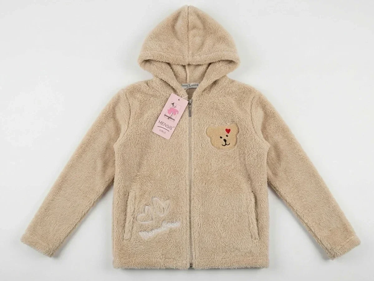 Girls' Beige Zip-Up Hoodie with Teddy Bear Applique - Mensis - by Peralane